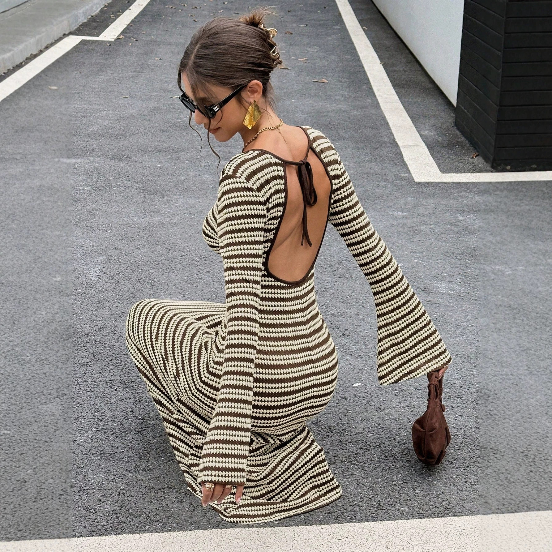 Striped Open-Back Flared Long-Sleeve Knit Dress