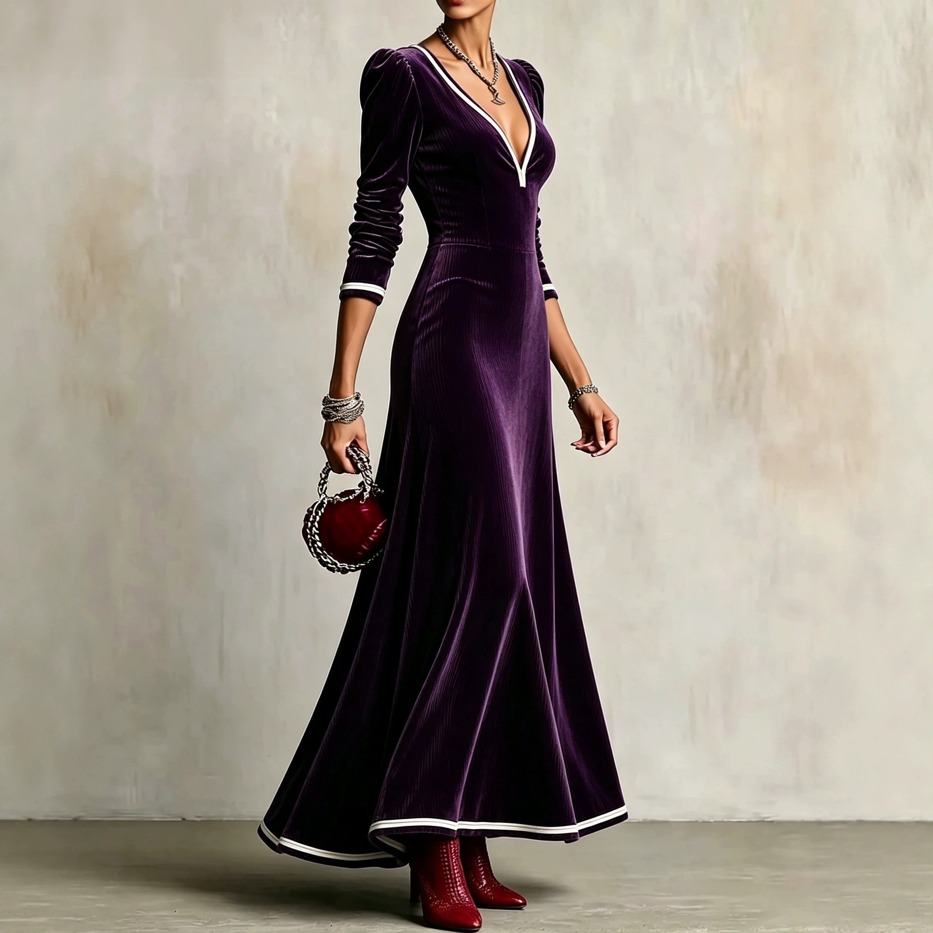Striped Velvet A-Line Maxi Dress with Deep V-Neck and High Waist