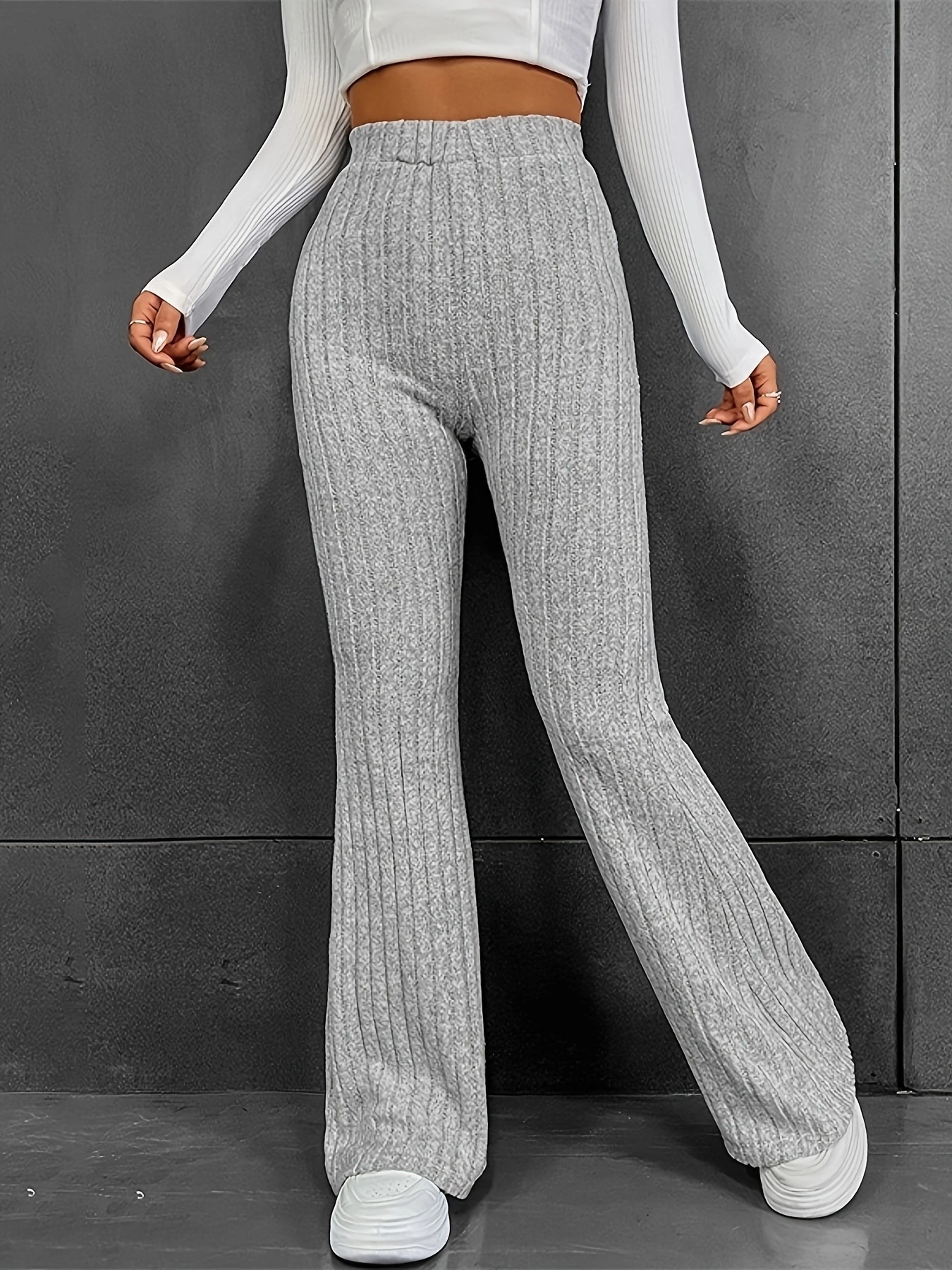 Women's High-Waist Flare Pants Solid Slimming Casual Long Trousers