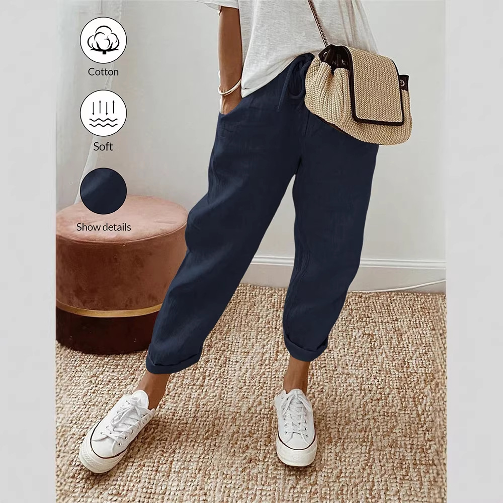 Women's Cotton Linen Cropped Pants with Pockets and Elastic Waist, Loose Casual
