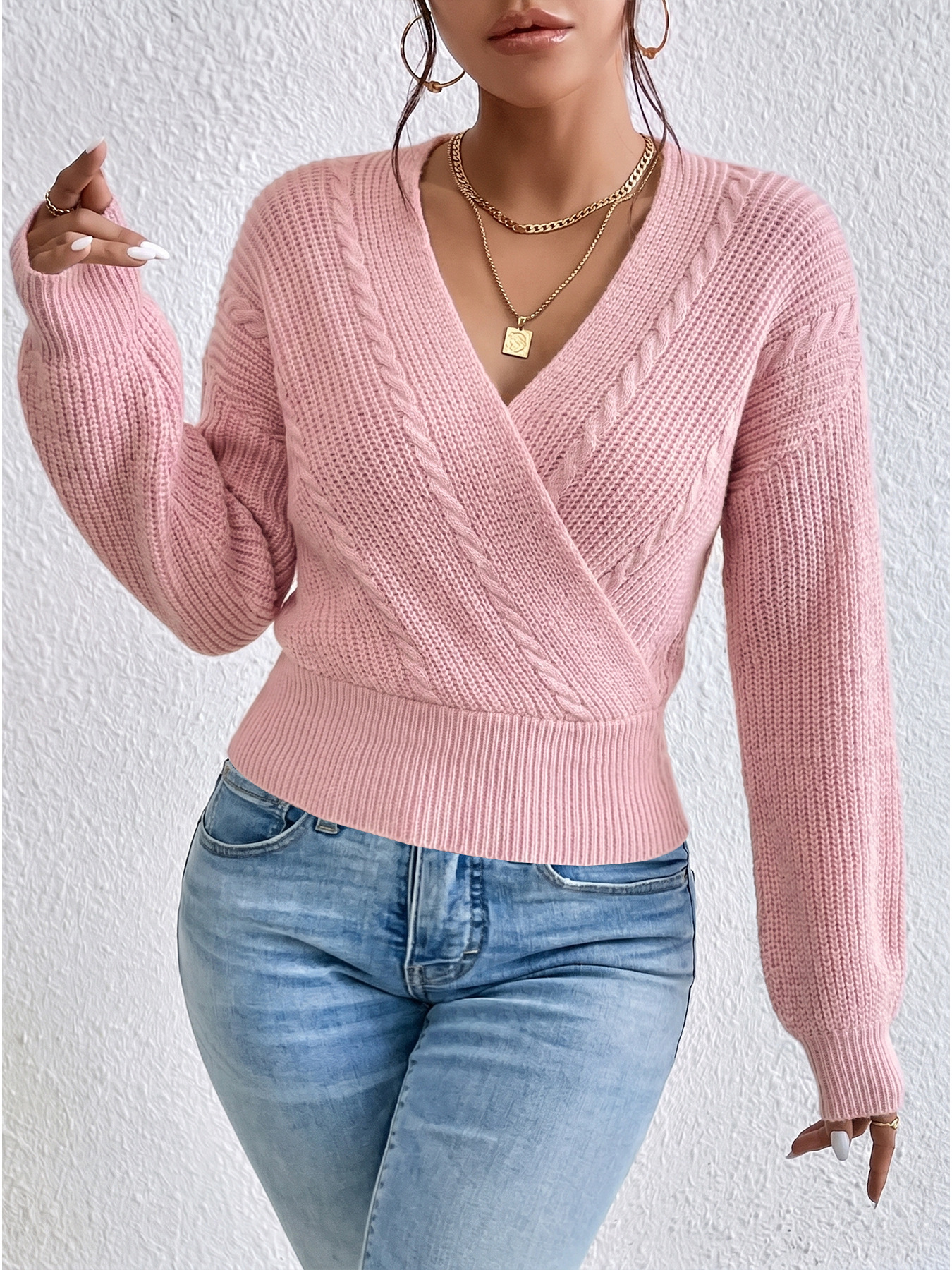 Women's Cable Knit V-Neck Sweater with Drop Shoulder Long Sleeves