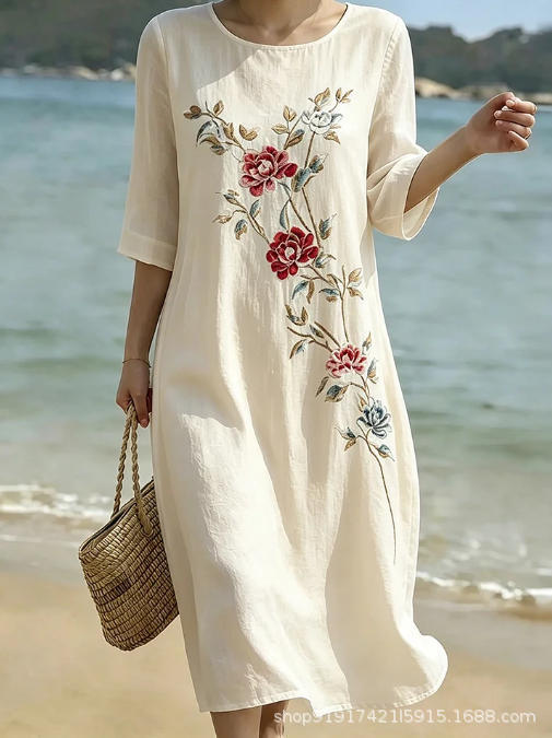 Women's Floral Print Ruched Midi Dress with Half Sleeves