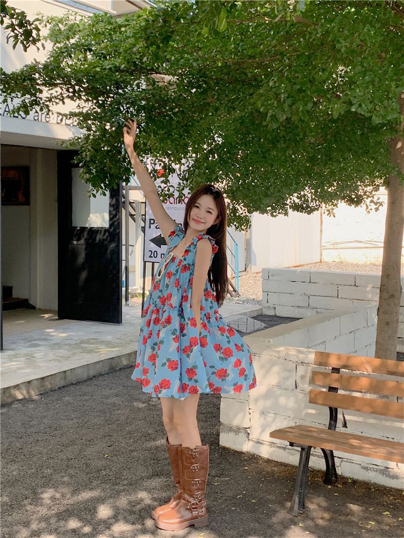 Ruffle Trim Floral Slip Dress Women's Summer Loose Fit Beach Vacation Sweet Short Dress