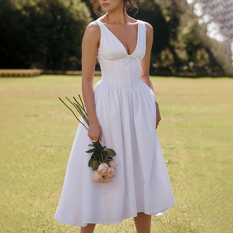 Elegant Open-Back Floral Print High-Waist Long Dress