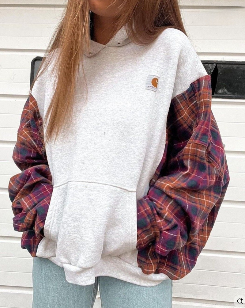 Women's Color-Block Plaid Hooded Pullover Sweatshirt with Pockets