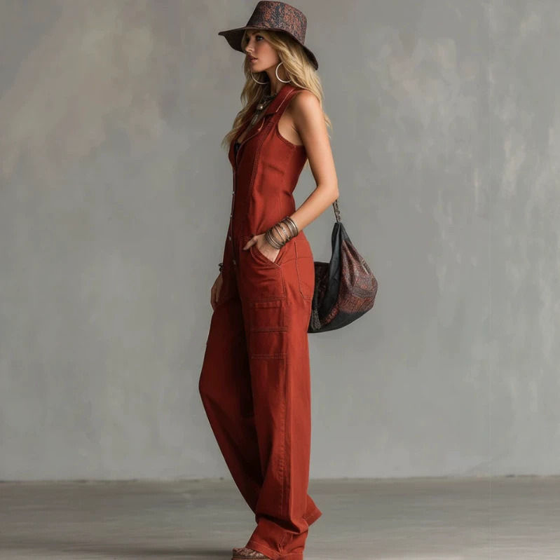 Rust Red Collared Denim Jumpsuit Retro Straight Leg Sleeveless
