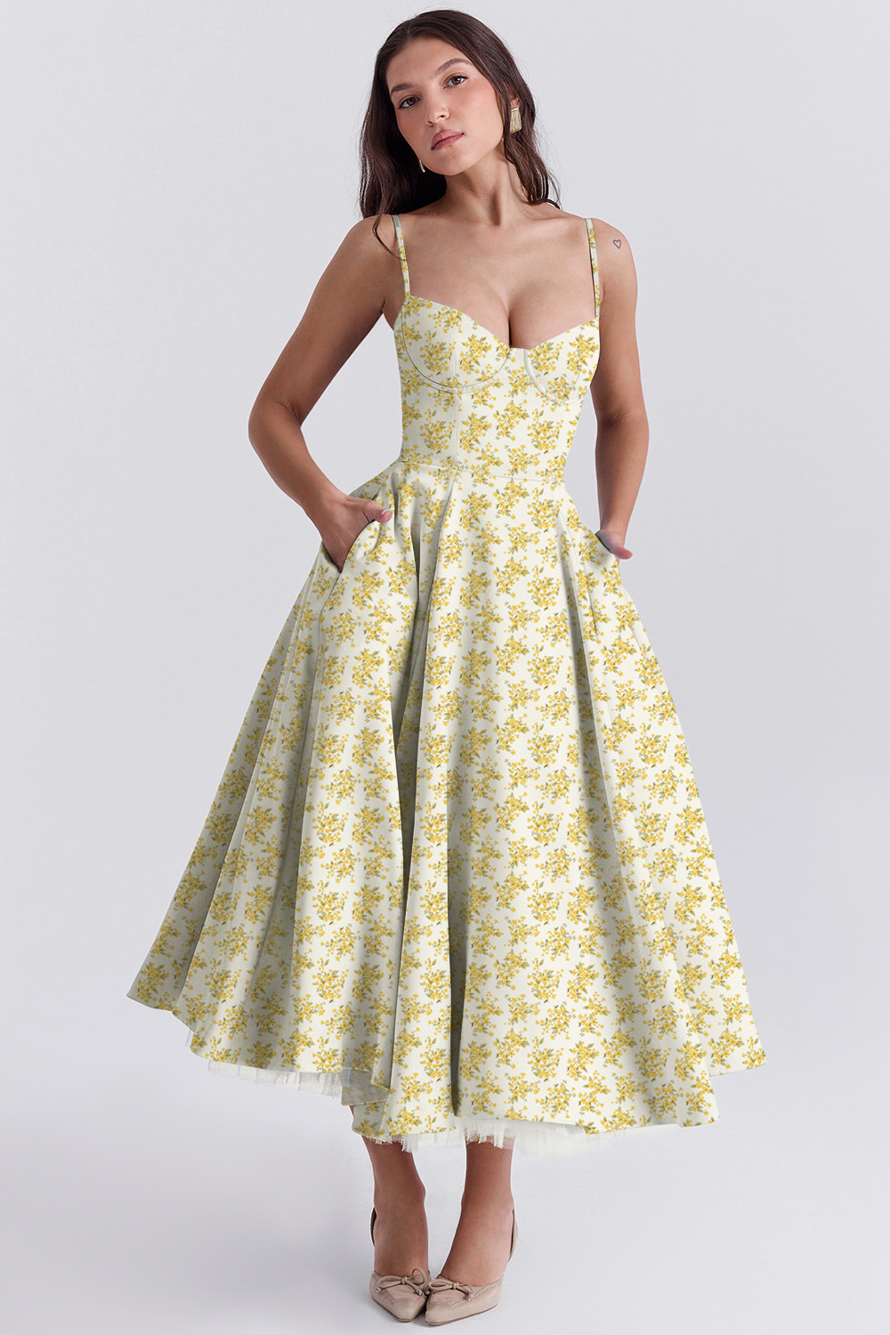 Women's French Style Tulle Double-Layer Cami Maxi Dress with Full Skirt