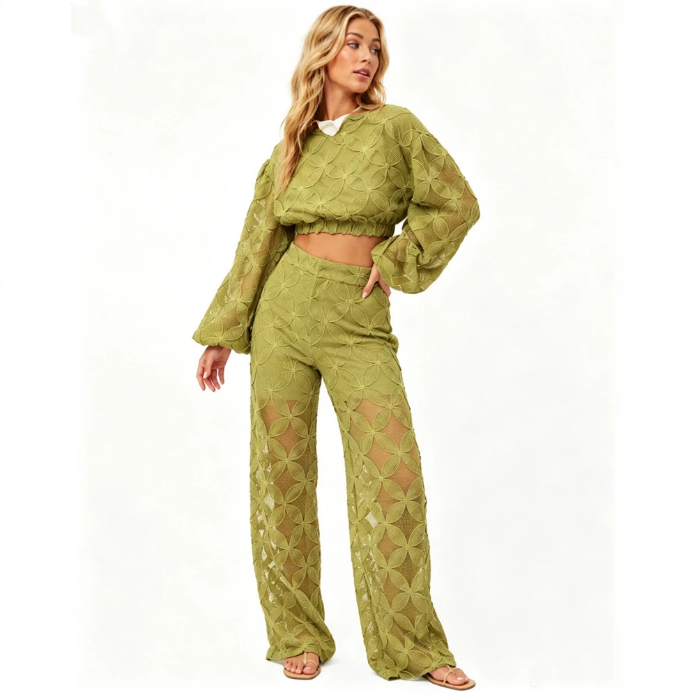 French Vintage Women's Cutout Long Sleeve Top and Pants Set