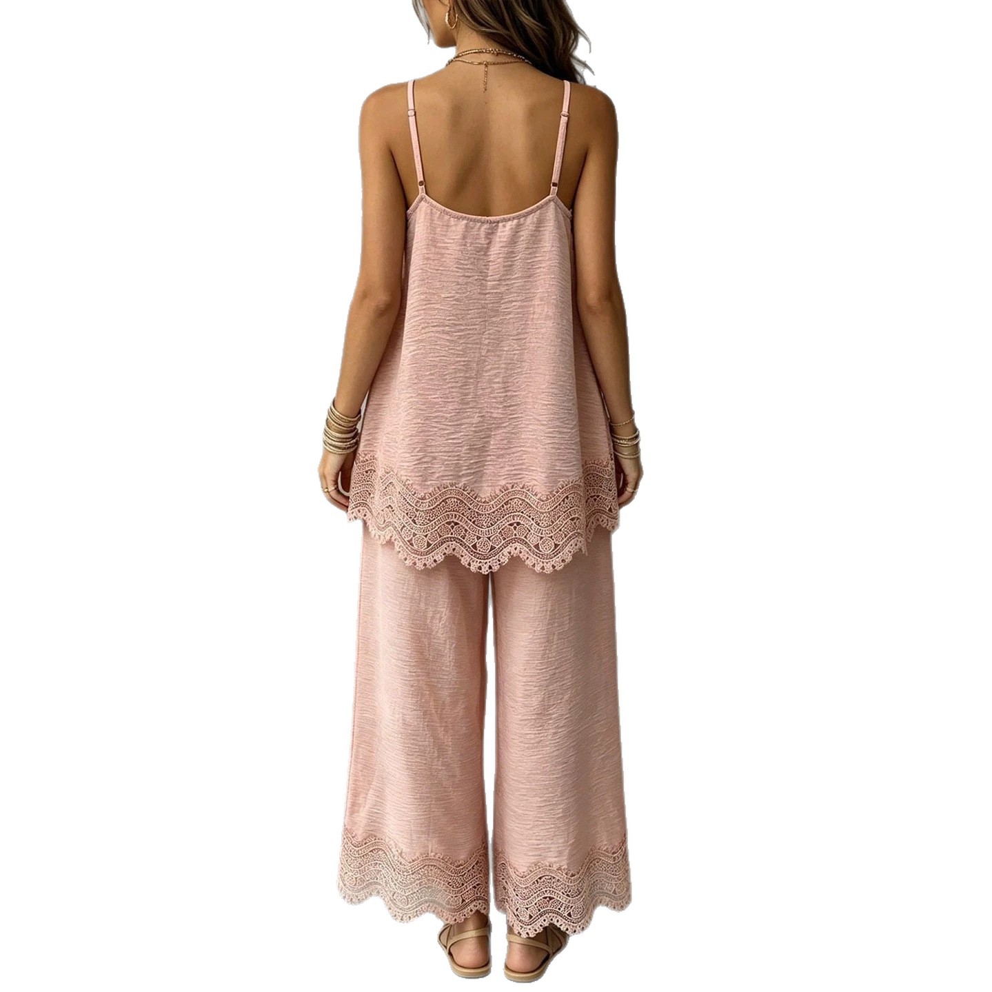 Women's Sleeveless Lace Tank Top and Pants Two-Piece Set Solid Color Casual