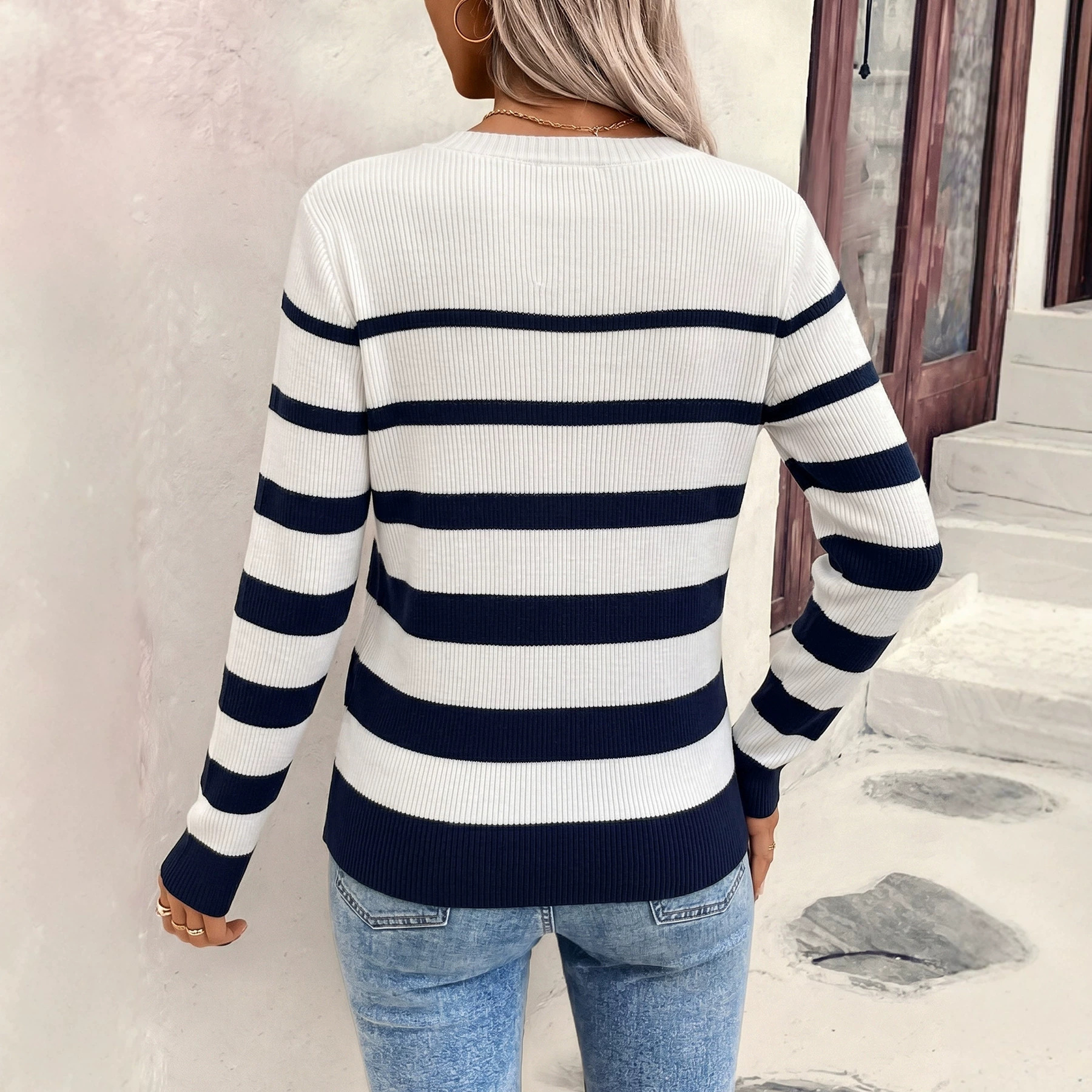 Women's Striped Knit Sweater with Faux Button Trim, Crew Neck, Long Sleeve, Slim Fit