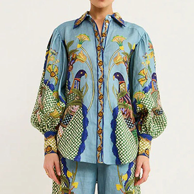 Elegant Printed Lapel Shirt and Straight-Leg Pants Two-Piece Set