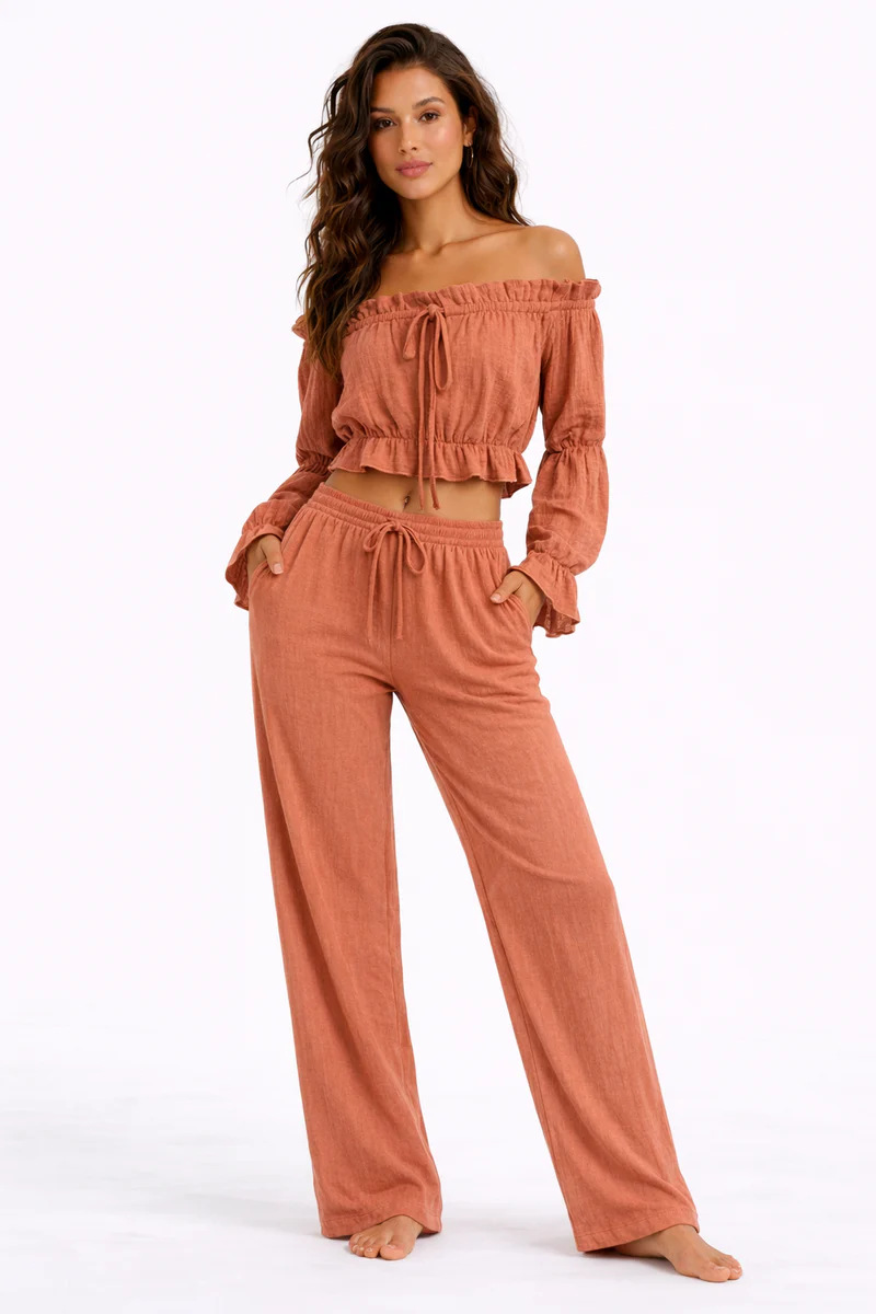 Off-Shoulder Crop Top and Wide-Leg Pants Set