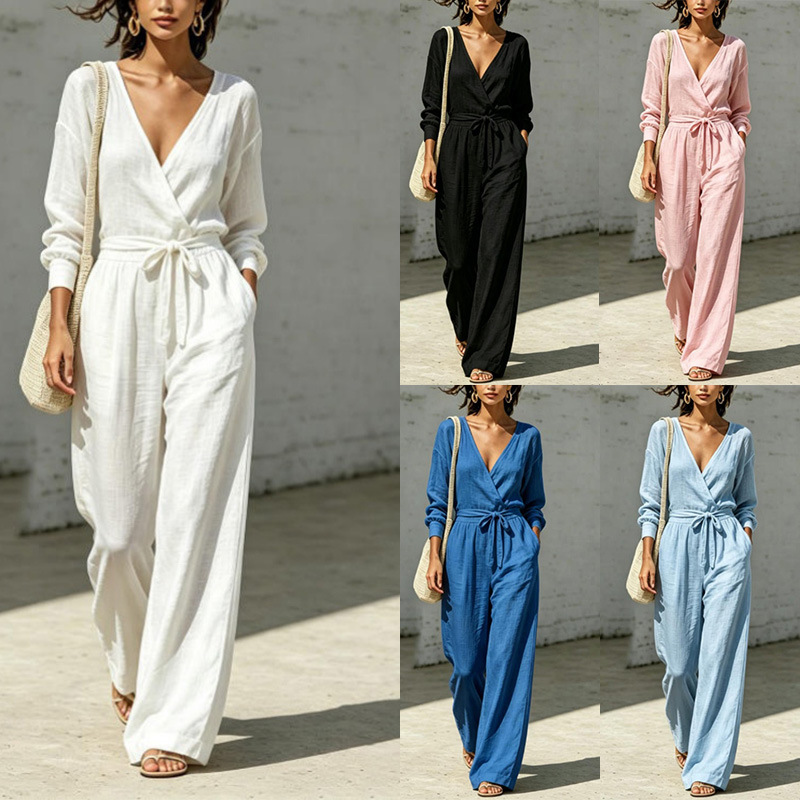 Women's V-Neck Tie-Front Shirt & Pants Set Summer Commuter Casual