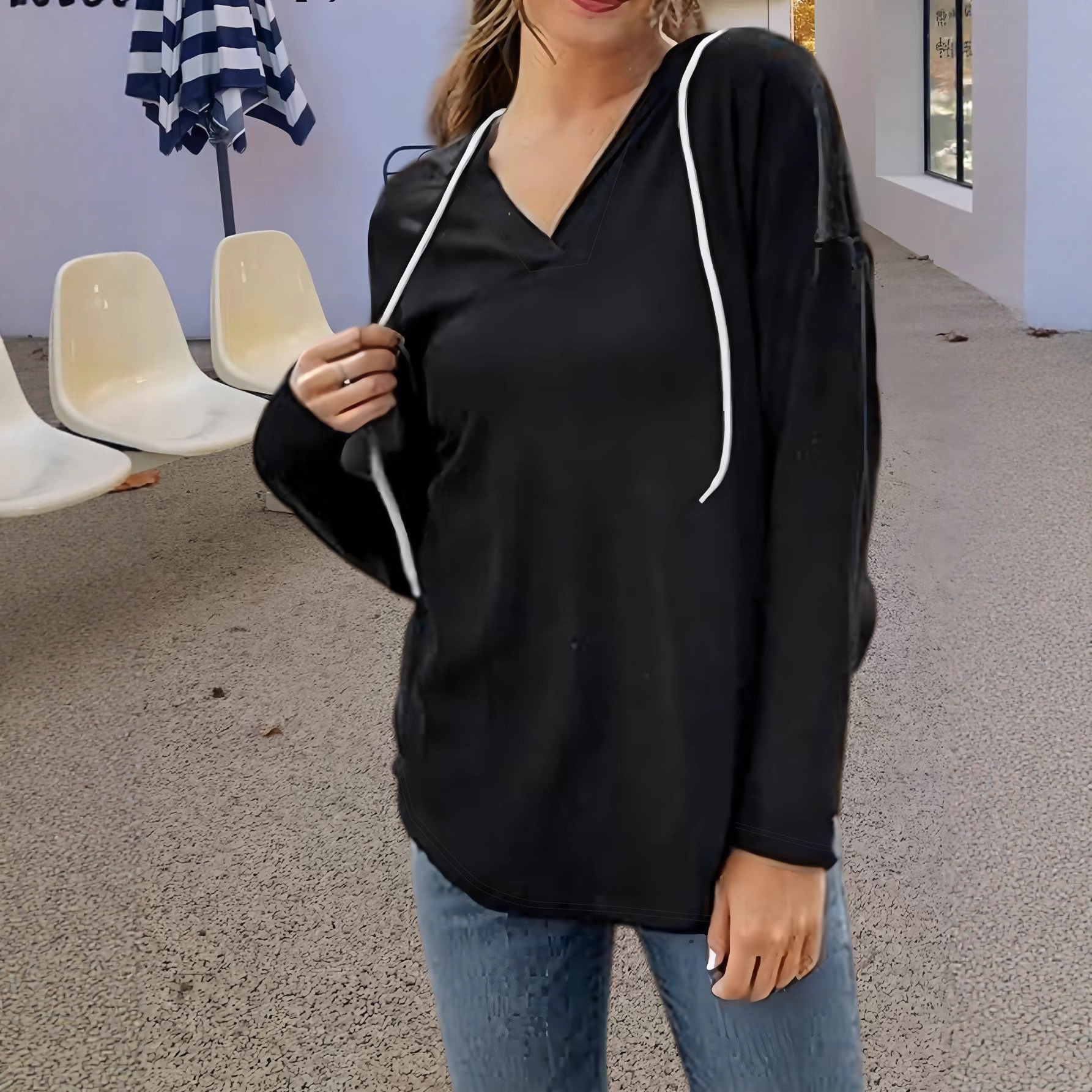 Women's V-Neck Hooded Long-Sleeve Sweatshirt