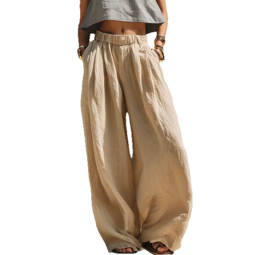 Women's Cotton-Linen Wide-Leg Pants Solid Color Elastic Waist Loose Casual