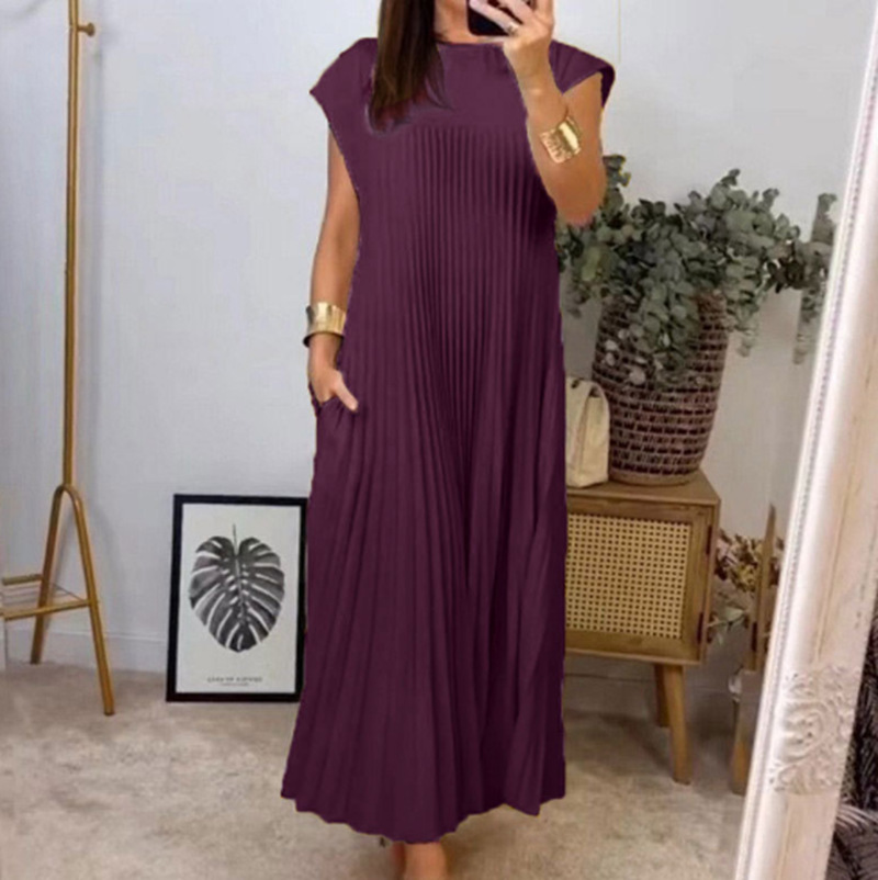 Women's Sleeveless Pleated Dress Round Neck High Waist Long