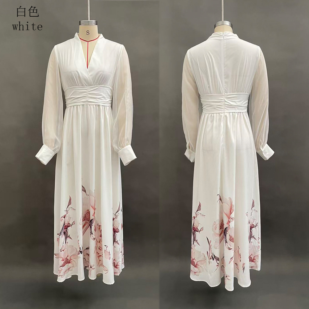 Long Mesh Panel French Slim Fit Floral Print Maxi Dress