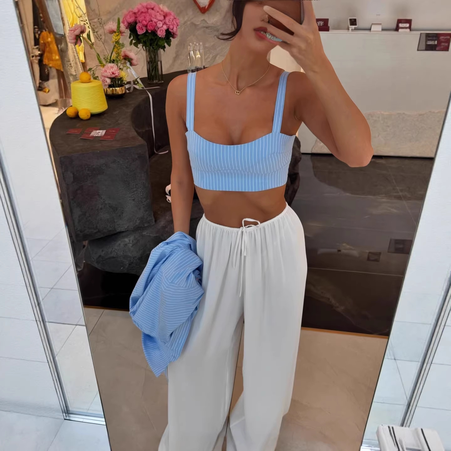 Women's Blue Striped Collared Shirt and Wide-Leg Shorts Set