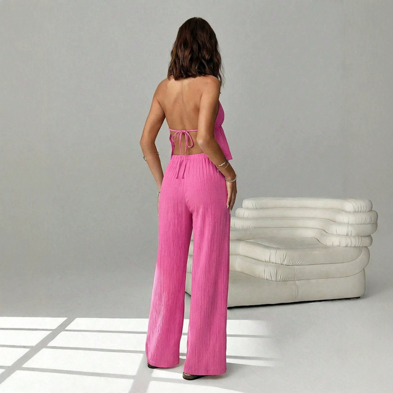 Women's Halter V-Neck Open-Back Ruched Top & Wide-Leg Pants Set