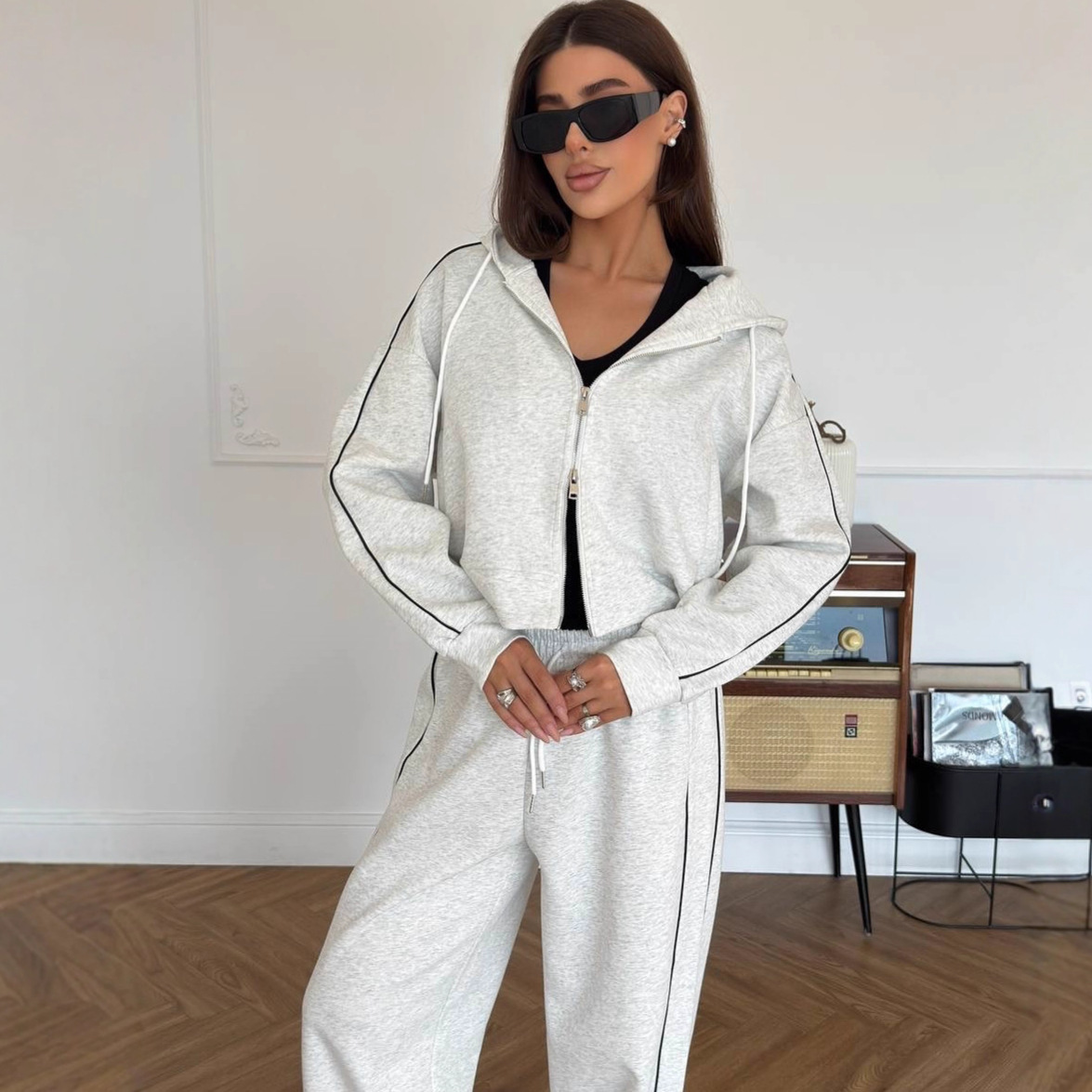 Women's Striped Two-Piece Set with Long Sleeve Zip Cardigan and Tie Pants