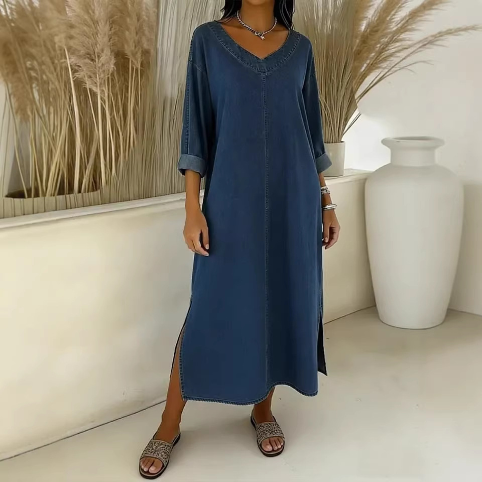 Solid V-Neck Midi Faux Denim Dress with Slit