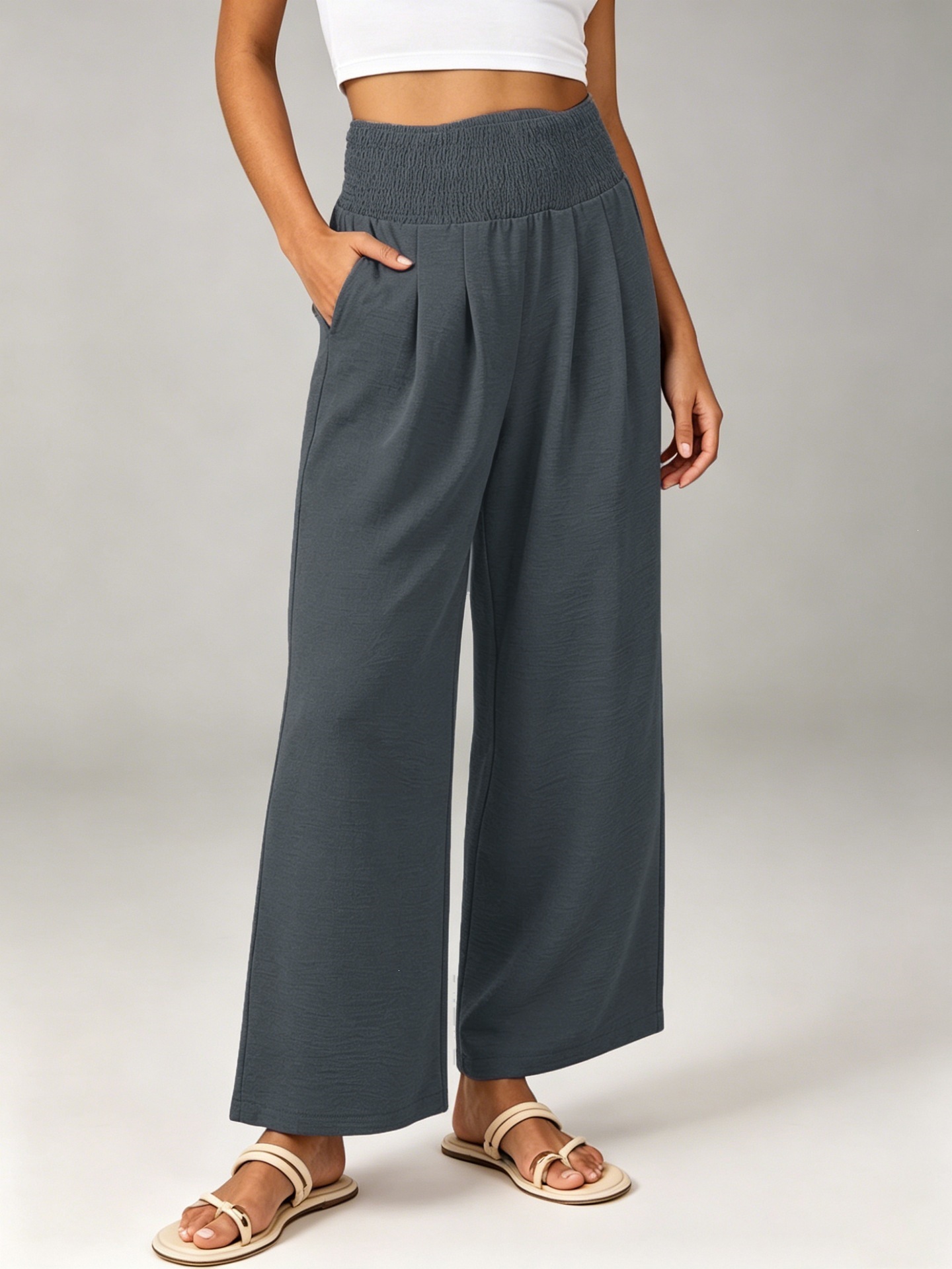 Women's High-Waist Smocked Linen-Blend Wide-Leg Cropped Pants