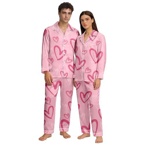 Cuban Collar Heart Print Long Sleeve Women's Set