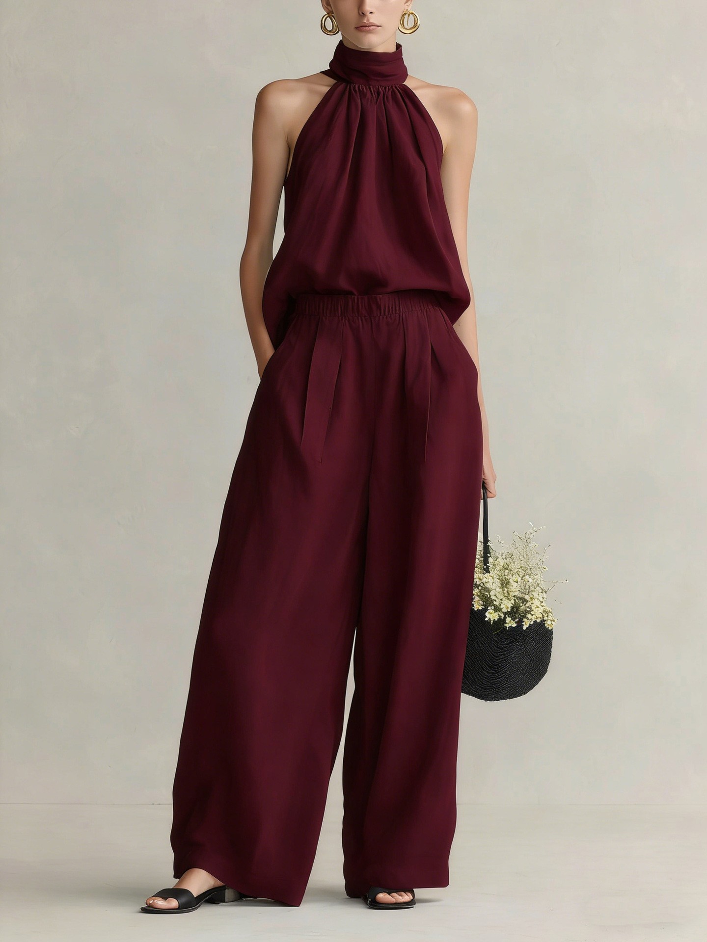 Women's Sleeveless Round Neck Top and Pants Set
