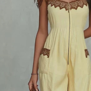 Women's Lace Trim Cotton Linen Wide Leg Jumpsuit with Front Zip