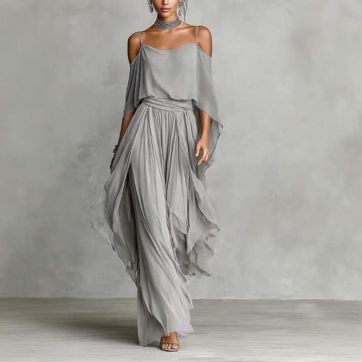 Gray Chiffon Off-Shoulder Cami & Wide-Leg Pants Set
