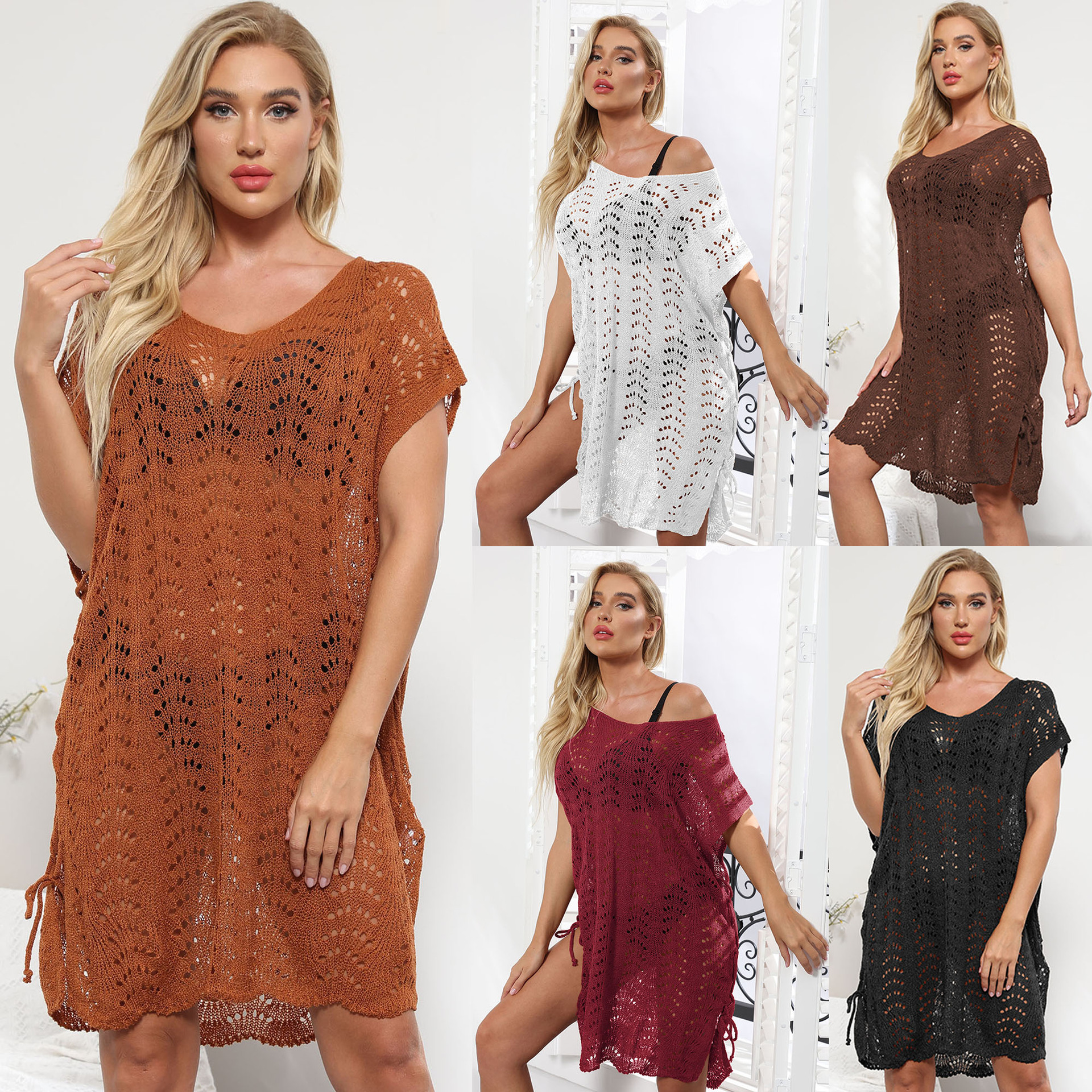 Women's Sheer Tie-Front Knit Beach Cover-Up Dress