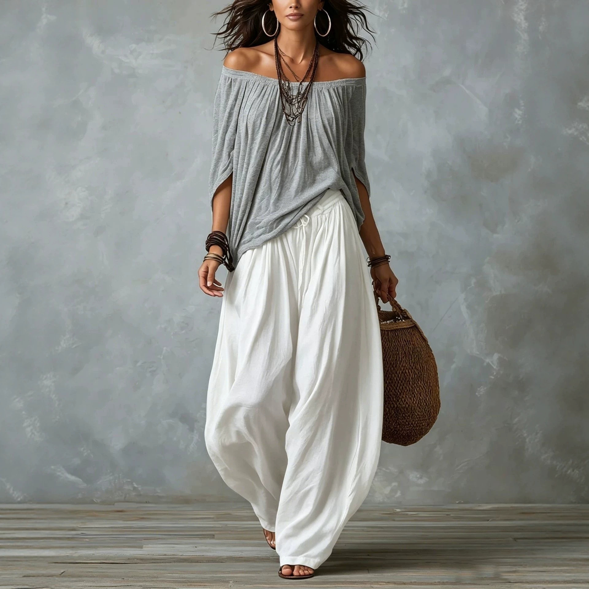 Boho Off-Shoulder Top and Lantern Pants Set