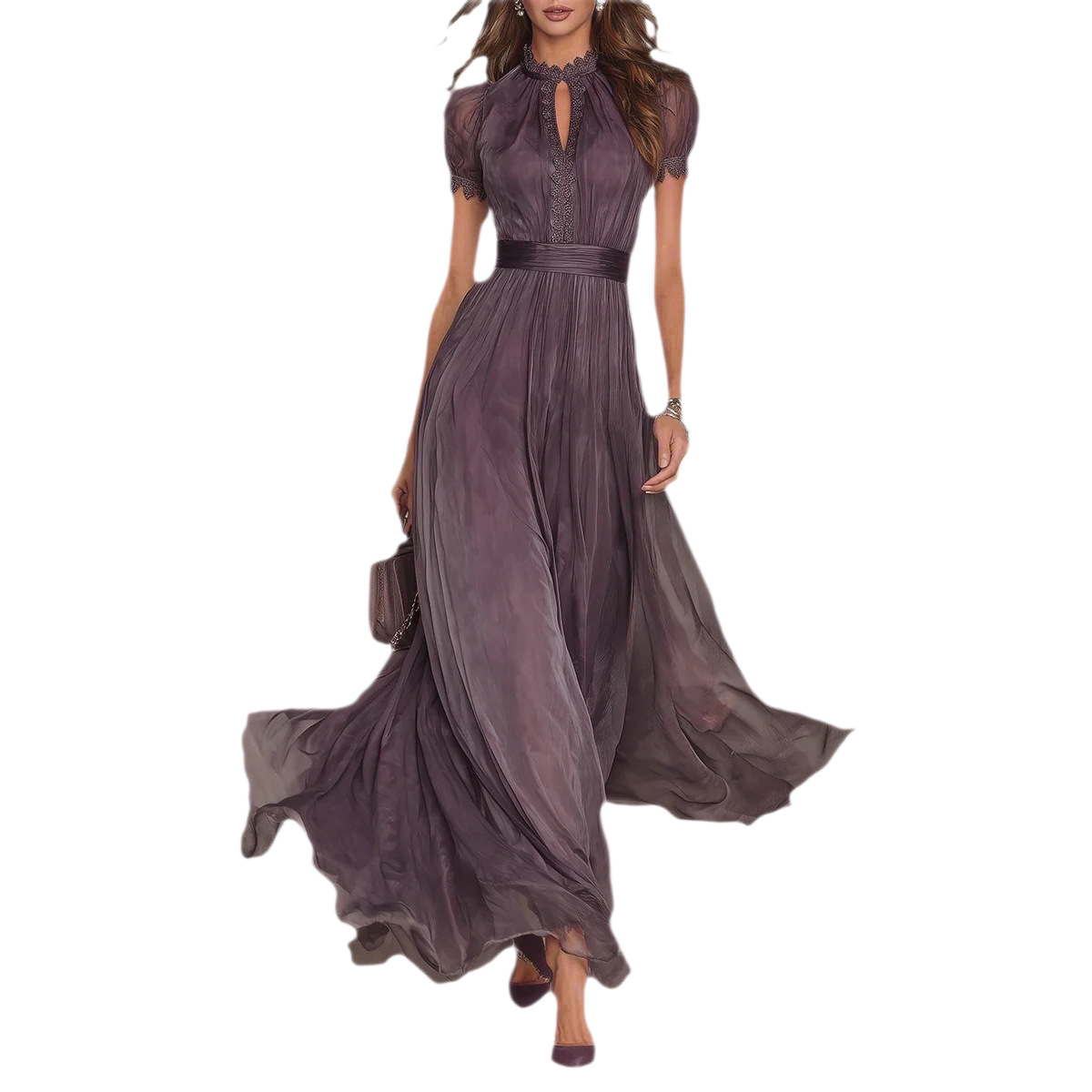 V-Neck Waist-Cinching Ruffle Floral Print Midi Dress