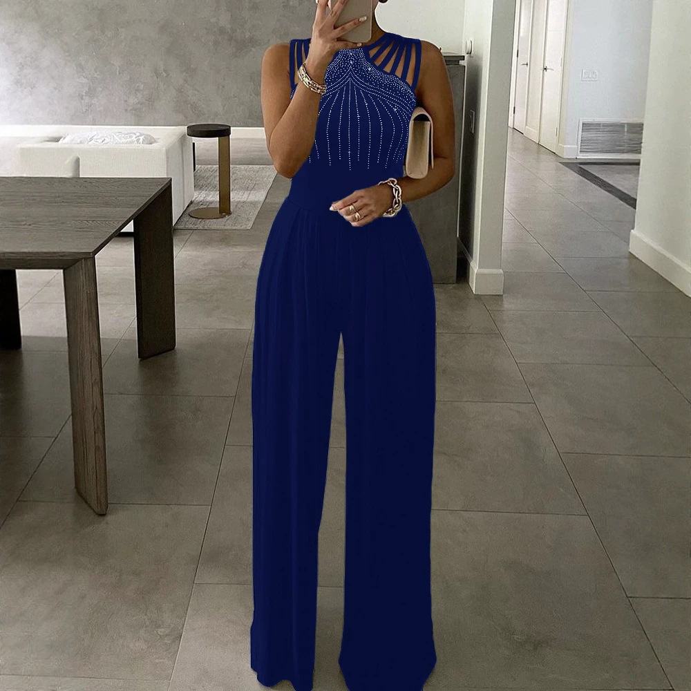 Women's Sleeveless Jumpsuit with Rhinestone Accents, Solid Color, Slim Fit, Long Pants