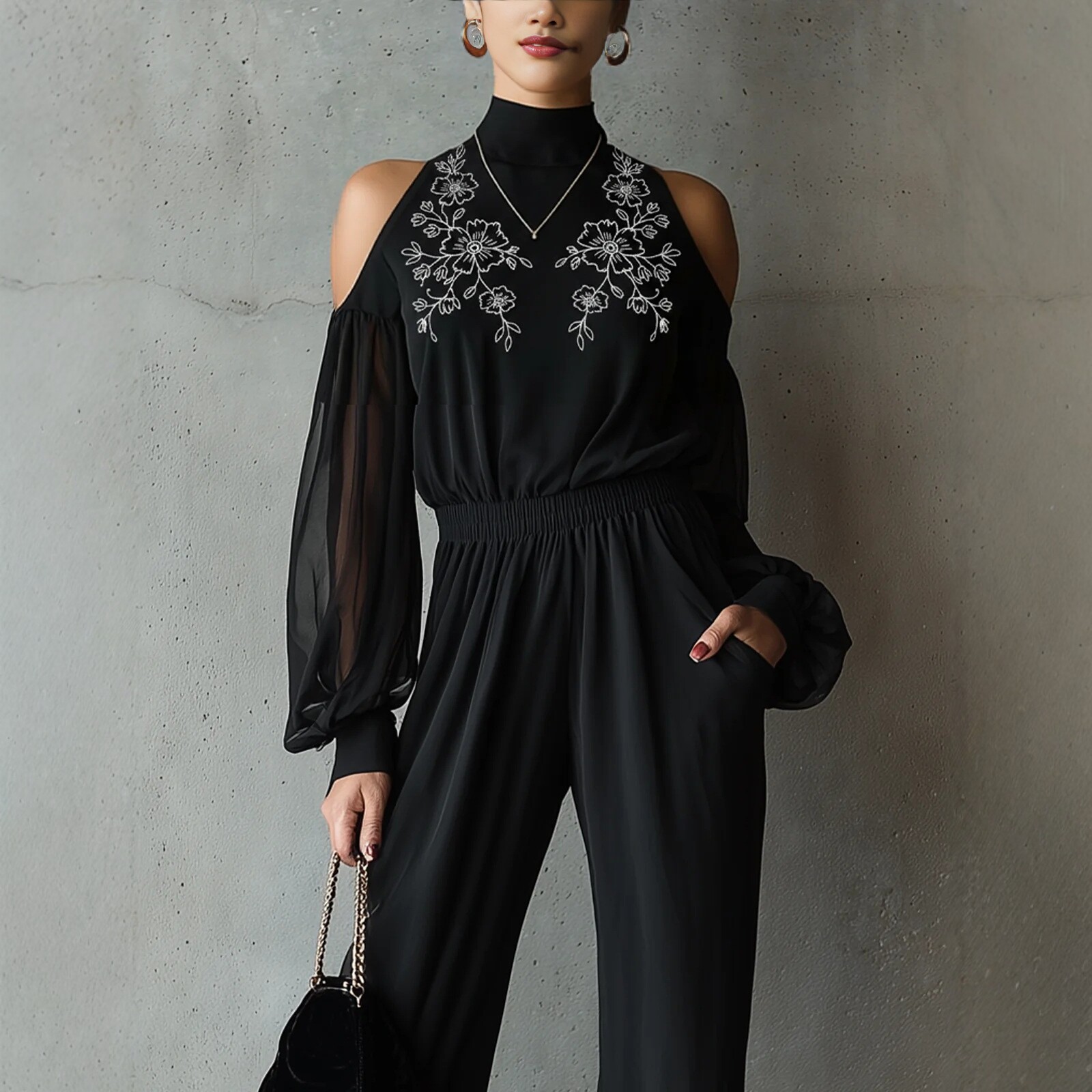 Black Embroidered Cold-Shoulder Wide-Leg Jumpsuit with Lantern Sleeves