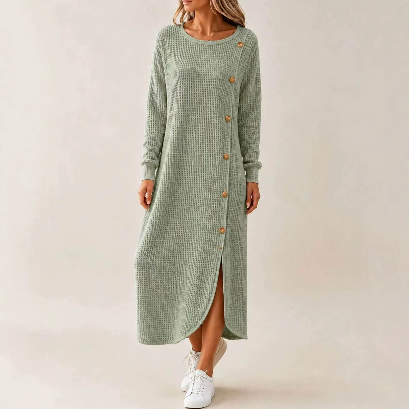 Waffle Knit Long Sleeve Button Slit Long Sweater Dress
