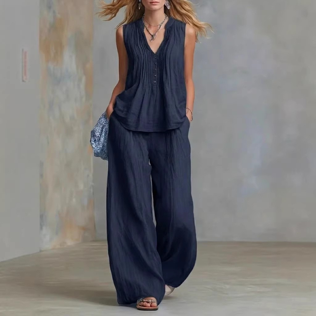 Women's Sleeveless V-Neck Solid Color Pant Set