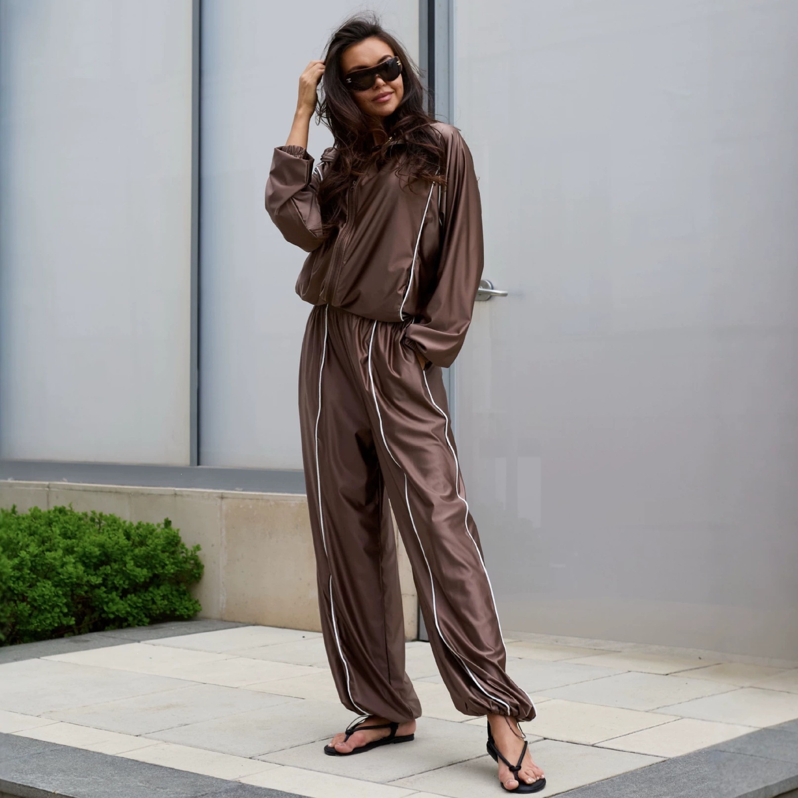 Satin Striped Double-Zip Oversize Women's Tracksuit