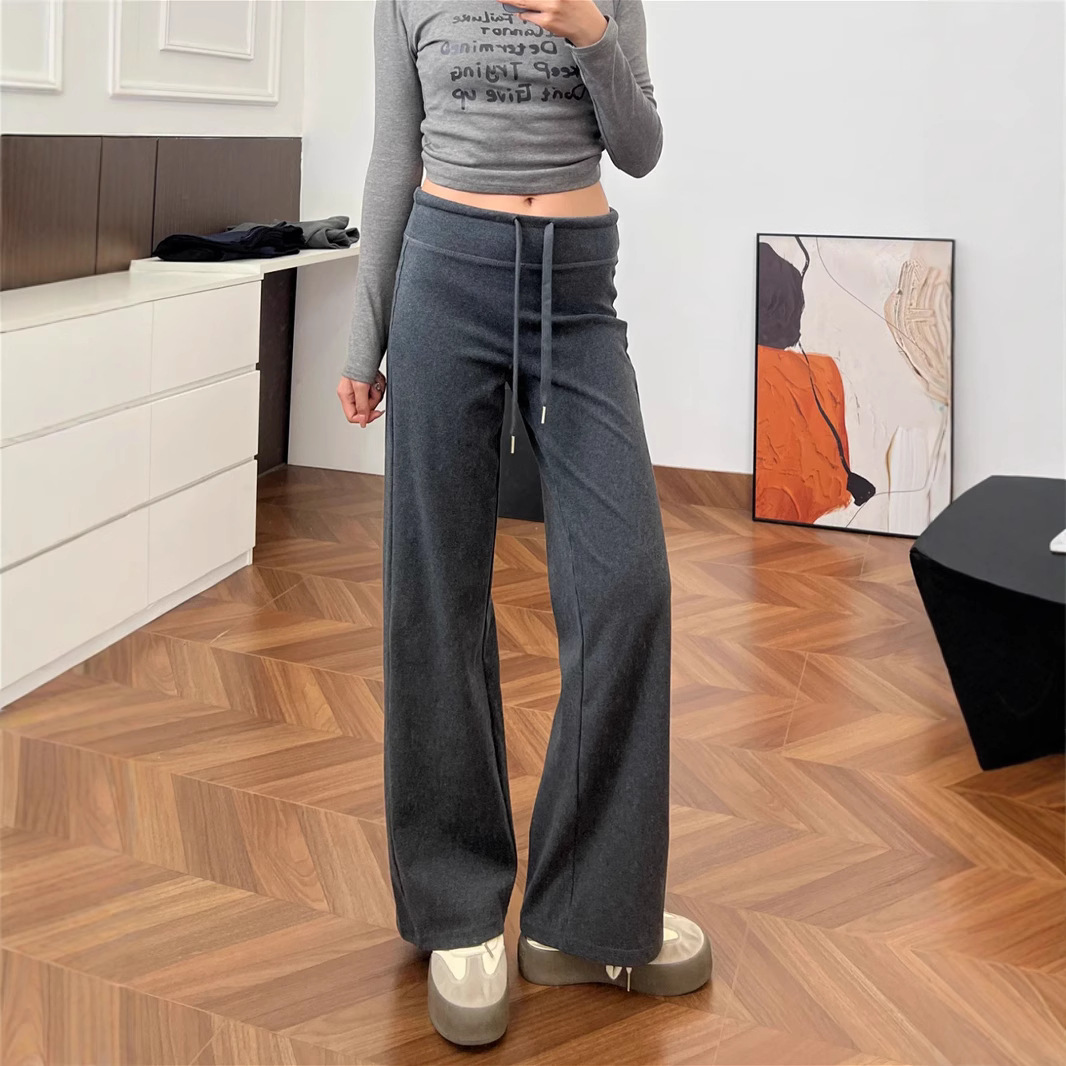 Cozy Straight-Leg Knit Pants with Drape, High Waist, Drawstring, Dark Gray/Light Gray/Black