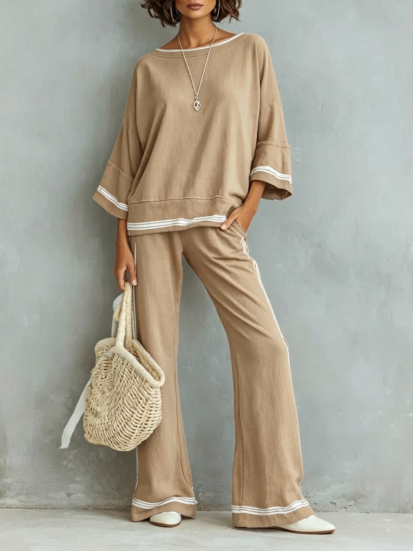 Women's Color-Block Striped Two-Piece Set with Three-Quarter Sleeve Top and Wide-Leg Pants