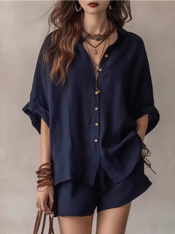 Women's Casual Two-Piece Set Loose Short Sleeve Collared Shirt and Shorts