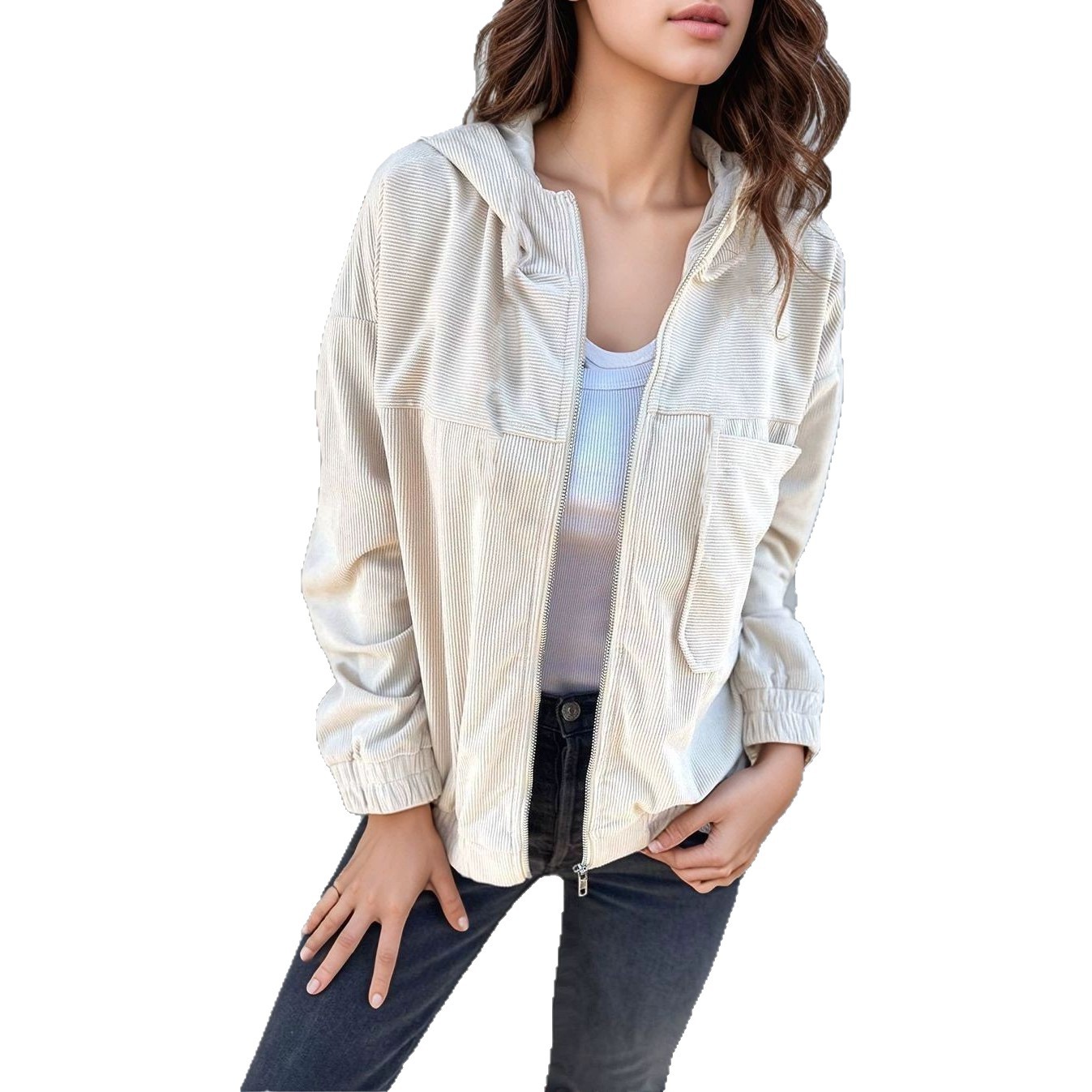 Women's Corduroy Hooded Jacket Solid Color Casual Loose Fit