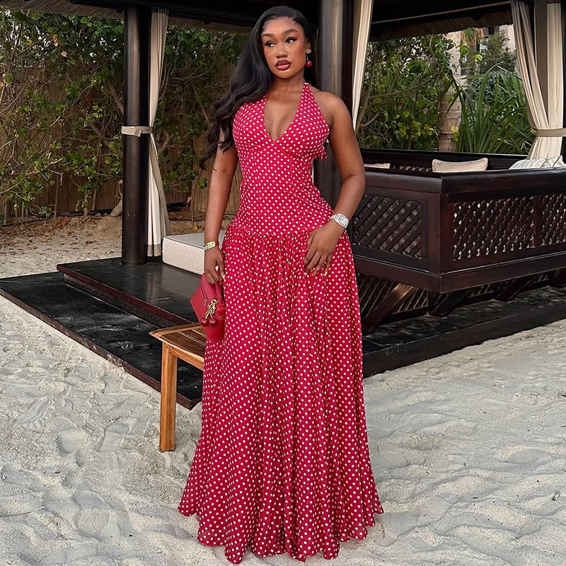Polka Dot Halter Open Back Slimming Midi Dress