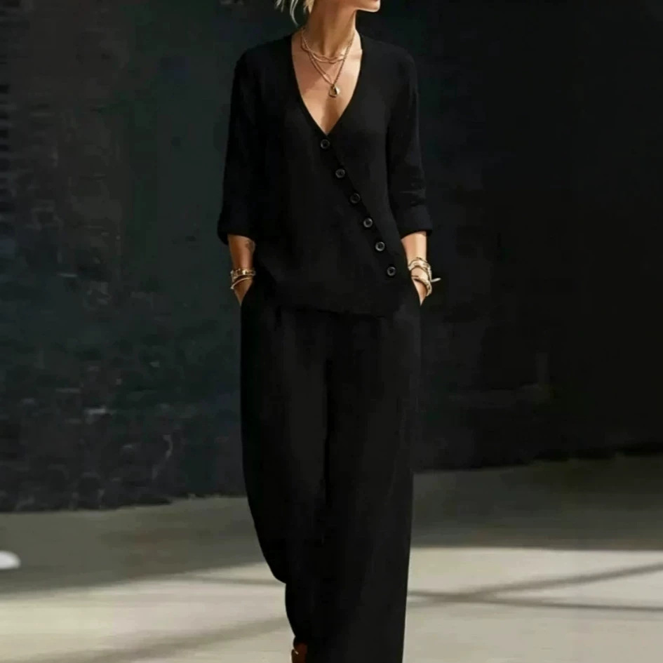 Women's Minimalist V-Neck Button Shirt & Wide-Leg Pants Set