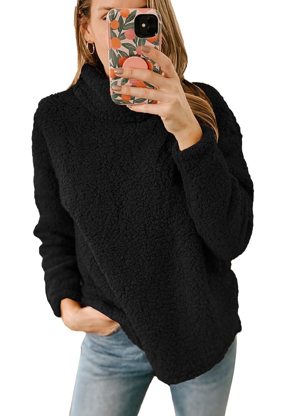 Women's Fuzzy High-Neck Pullover Sweatshirt Solid Color Plush Top