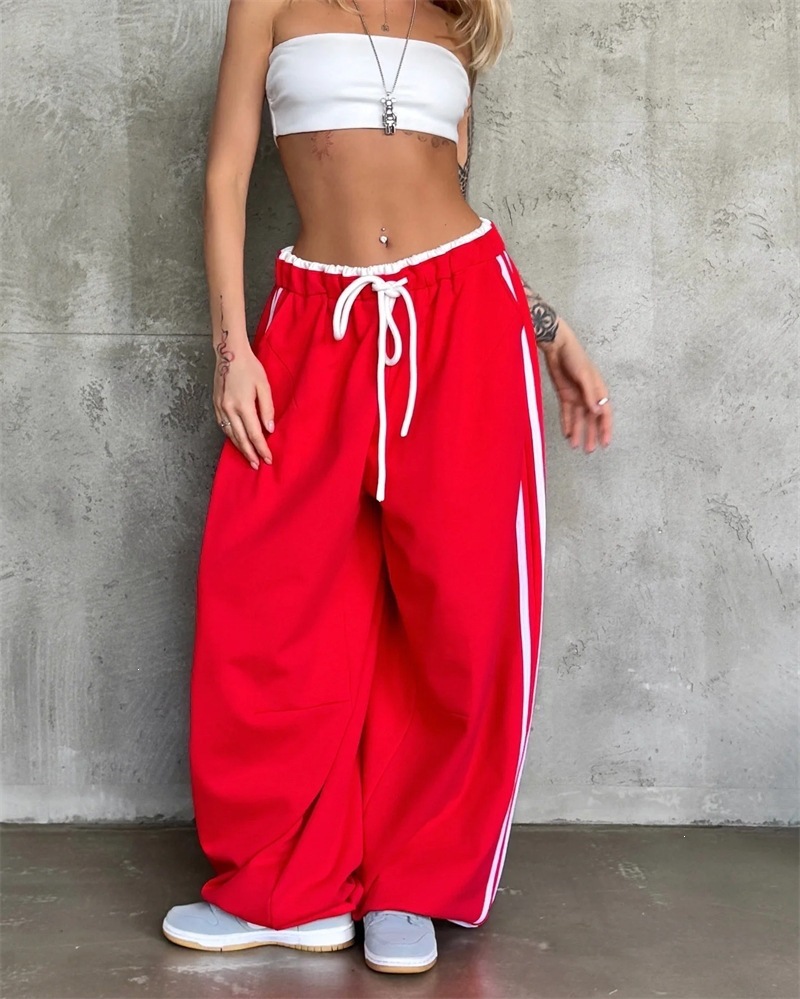 Side-Stripe High-Waist Straight-Leg Wide-Leg Pants Retro Sporty Relaxed Casual Women's