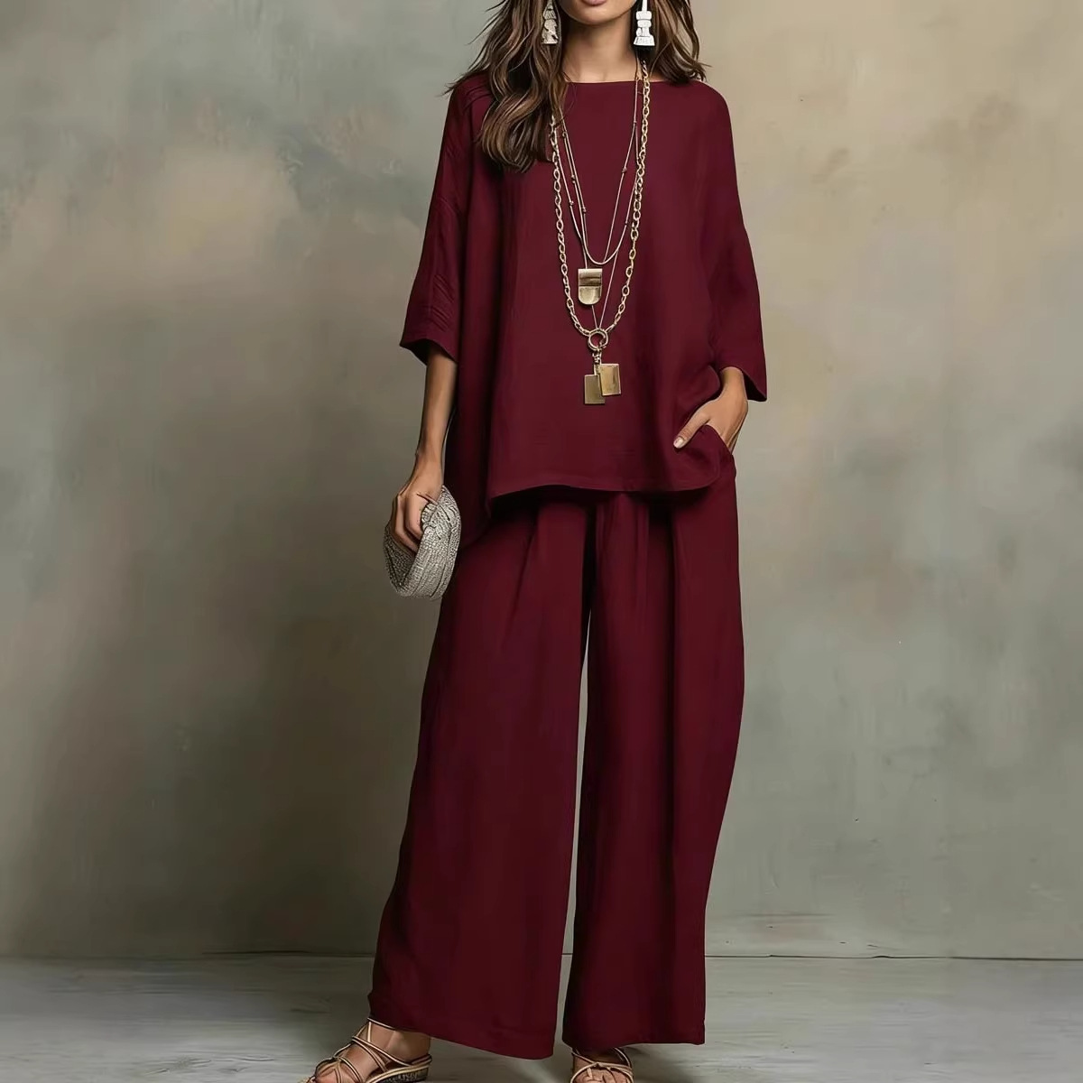 Women's Cotton-Linen Blend Shirt & Wide-Leg Pants Set