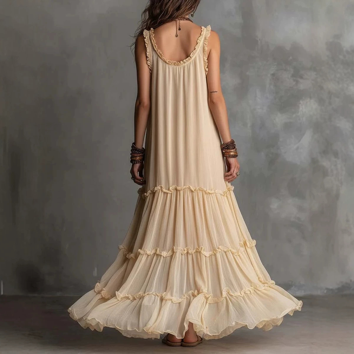 Women's Sleeveless Chiffon Ruffle Beach Maxi Dress
