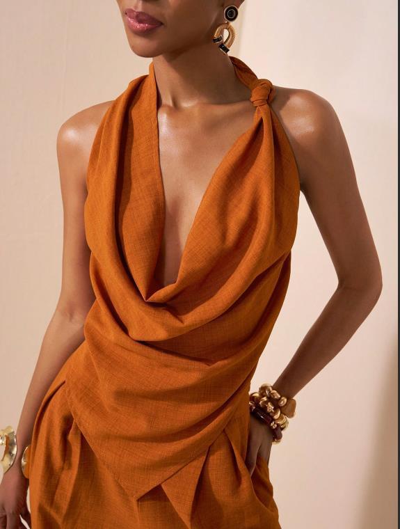 Solid Knotted Halter Top and Wide-Leg Pants Two-Piece Set
