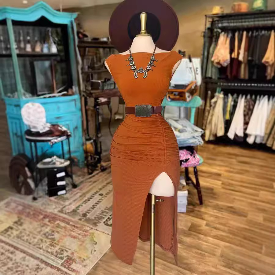 Women's Ribbed Knit Off-Shoulder Bodycon Midi Dress
